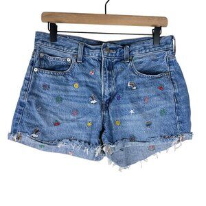 American Eagle Medium Wash Denim Embroidered 90s Boyfriend Shorts